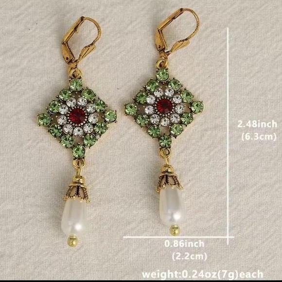Vintage Green Crystal & Pearl Drop Earrings - Picture 5 of 5